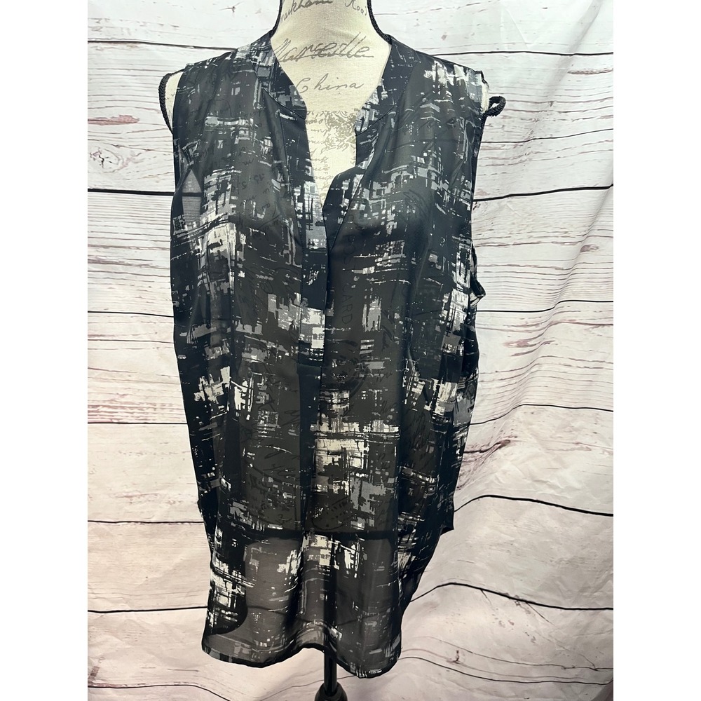 Lane Collection Womens 22 Sleeveless Blouse Black‎ White Abstract Sheer High Low